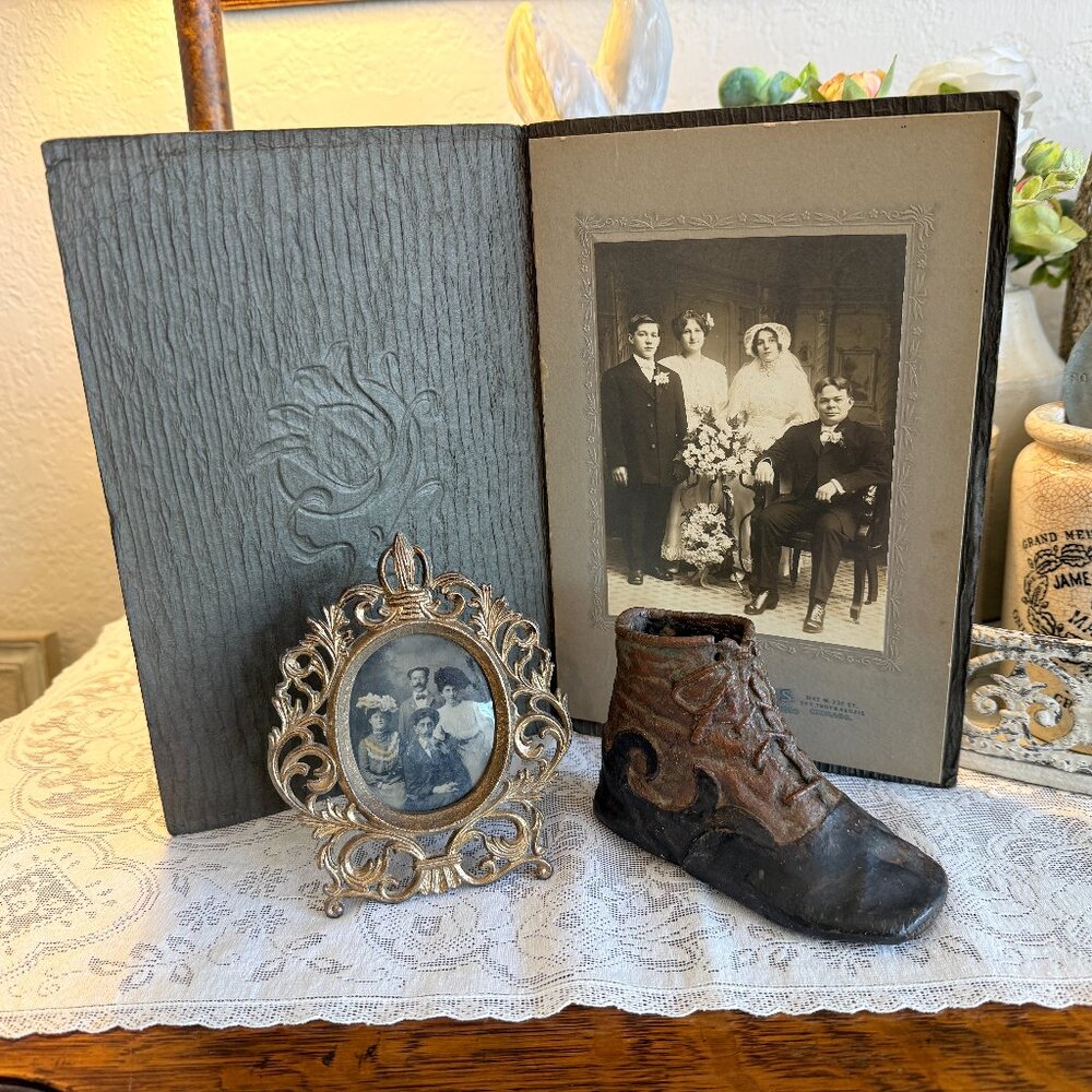 Antique Victorian Bundle Copper Baby Shoe, Cabinet Card, Tin pic in Ornate frame